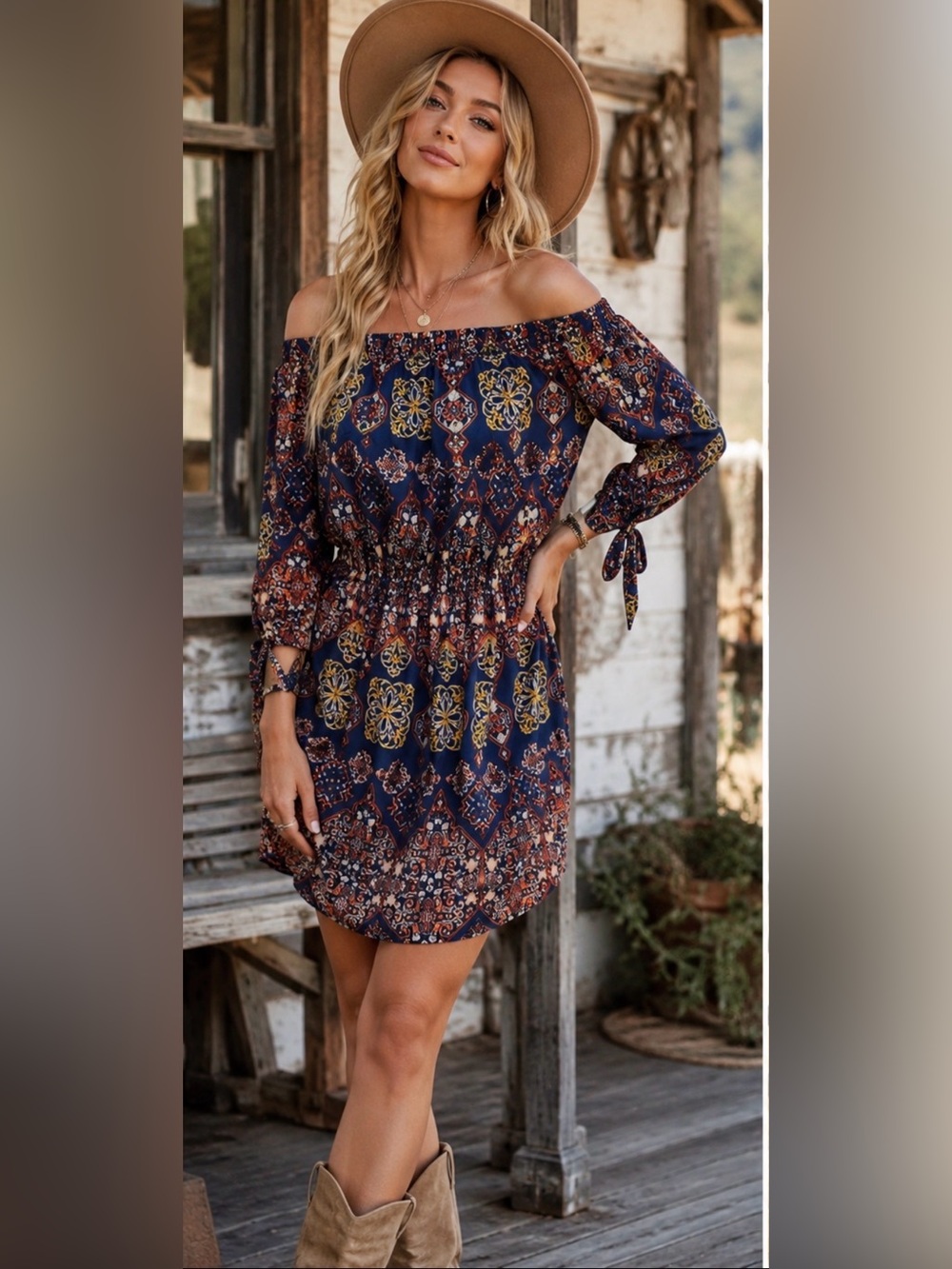 Blush Off-Shoulder Boho Mini Dress Navy Medallion Print – Size M